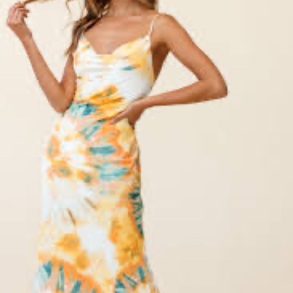 Selfie Leslie Dresses & Skirts - Selfie Leslie Show Me Love Cowl Neck Midi Dress Tie Die Orange Multi Women's XS